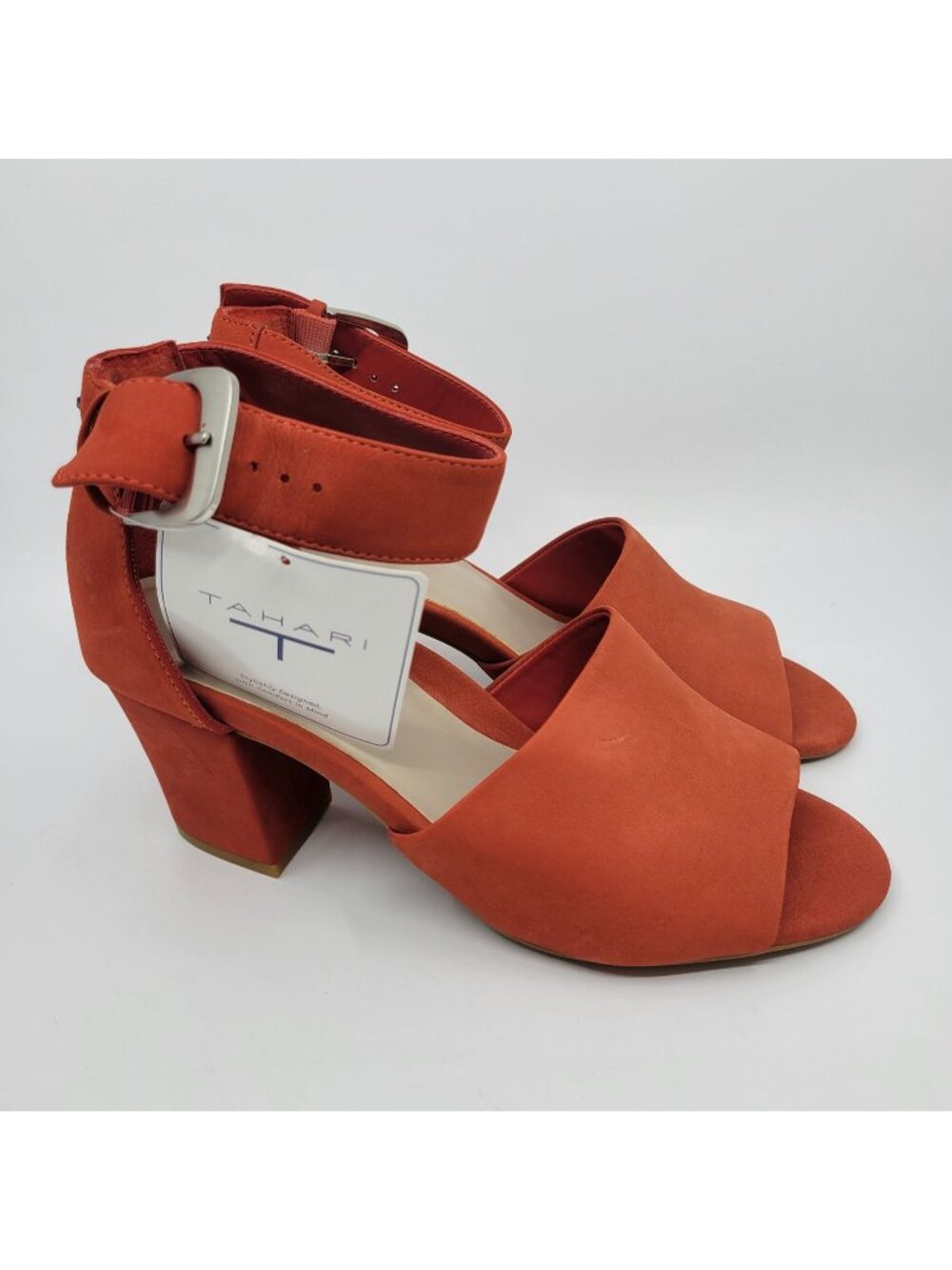 Tahari Penelope Pumps Womens Size 7 Red / Orange Suede Ankle Strap Block Heel